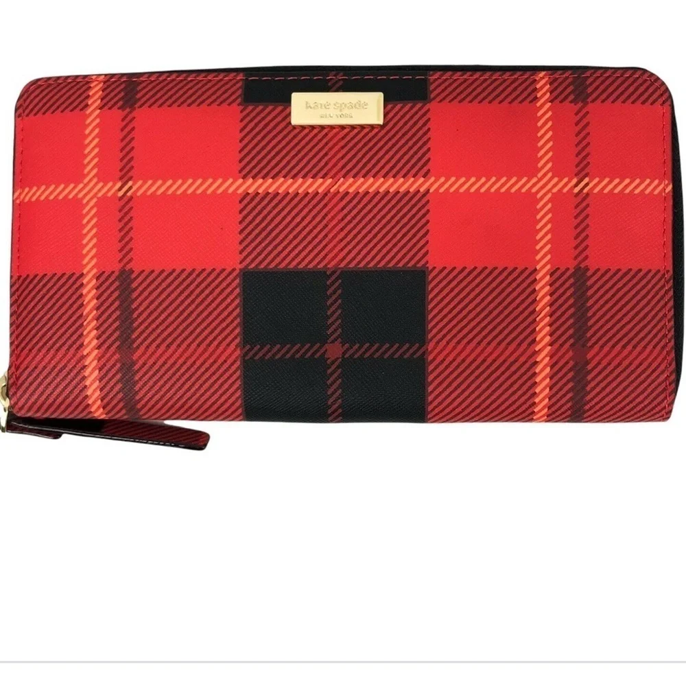 NWT! KATE SPADE Neda Newbury lane printed plaid red wallet.